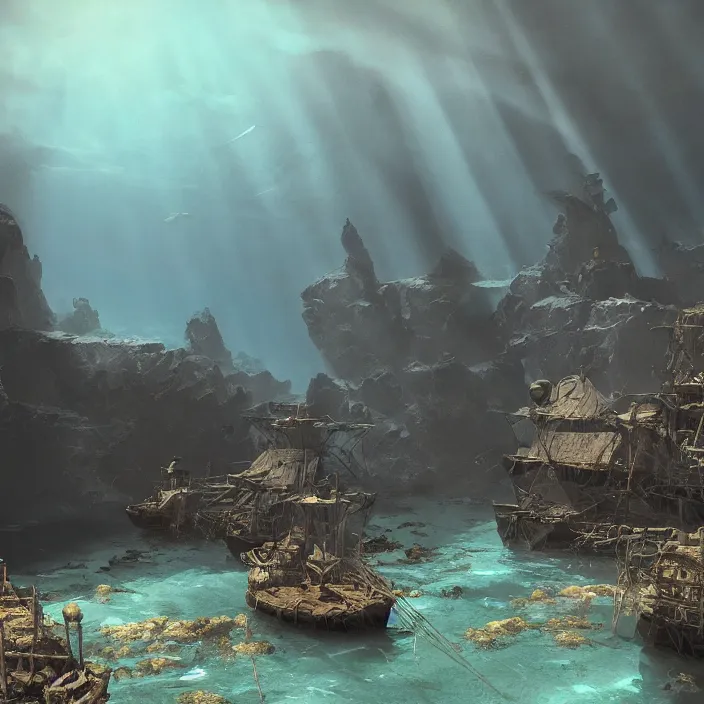 Image similar to an underwater settlement painted by, mc escher, gordon onslow ford, georgia o'keeffe and ivan aivazovsky, cinematic light, god rays, unreal engine, zbrush central,