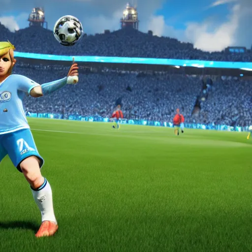 Image similar to screenshot of link zelda in fifa 2 1, manchester city, ea sport, rtx geforce experience, best graphics