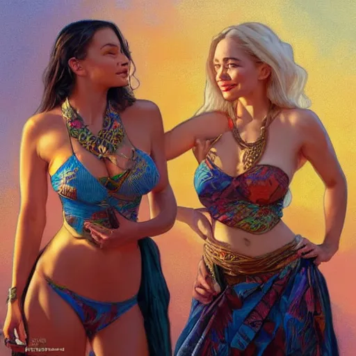 Image similar to lindsey pelas and emilia clarke wearing a batik tube top, digital painting, artstation, concept art, sharp focus, illustration, art by artgerm and greg rutkowski and alphonse mucha