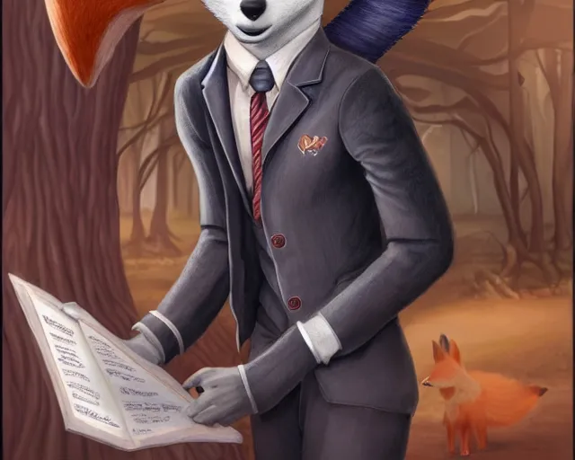 Image similar to award - winning extremely detailed fantasy art of a cute male anthropomorphic vulpes vulpes fulva teacher wearing suit working at a school, 4 k