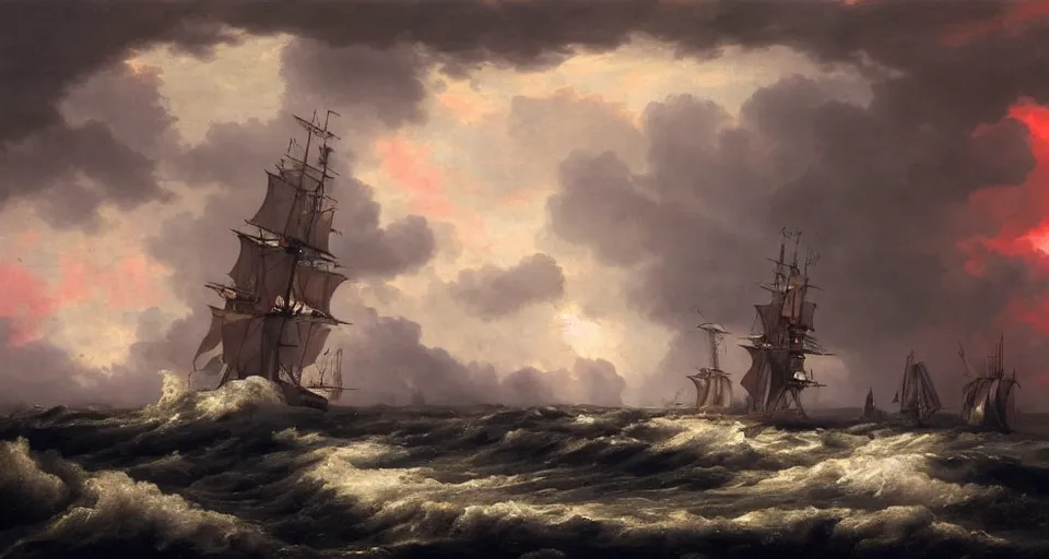 Prompt: british 1 7 0 0 s frigate surrounded by raging stormy seas by eugene von guerard, ivan shishkin, night, red lightning!!, storm!, dramatic lighting, concept art, trending on artstation, 8 k