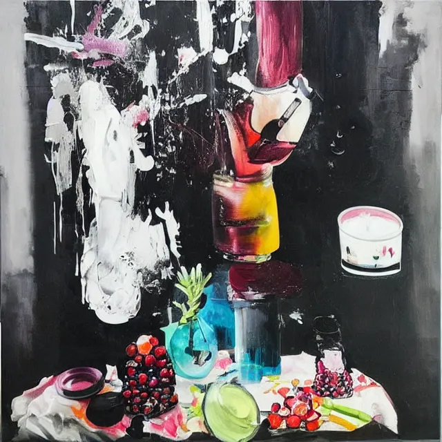 Image similar to “ a portrait in a female art student ’ s apartment, sensual, a pig theme, art supplies, paint tubes, ikebana, herbs, a candle dripping white wax, black walls, squashed berries, berry juice drips, acrylic and spray paint and oilstick on canvas, surrealism, neoexpressionism ”