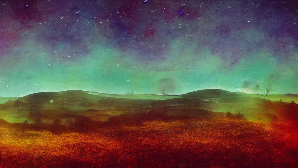 Image similar to double exposure of a beautiful golden hour welsh hill and beautifully enchanted fields, moonlight, aurora borealis, cosmic stars, grainy film, cinematic, haunted psychedelic VHS glitch