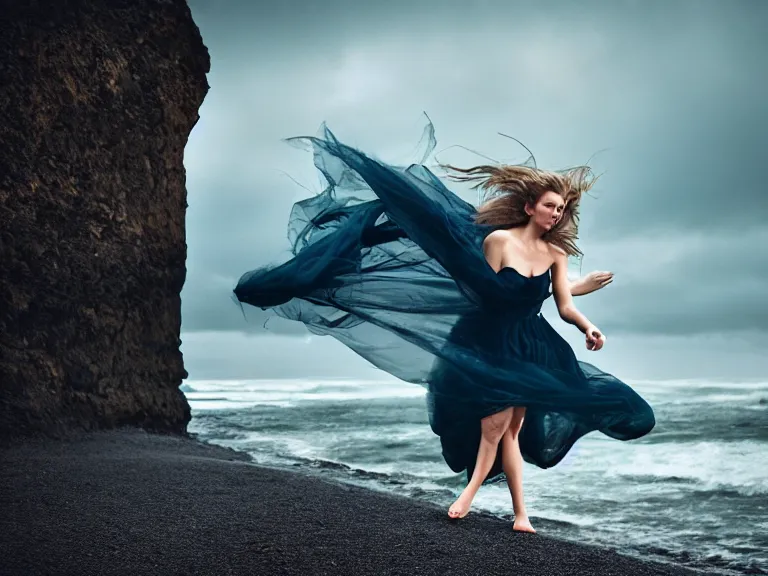 Prompt: cinestill 5 0 d photography of a woman britt marling 3 / 4 style of nicholas fols, 2 0 0 mm, dress in voile, hair like dark clouds, hair floating on air, head in focus, mute dramatic colours, soft blur outdoor stormy sea background, volumetric lighting, hyper detailed, hyper realistic