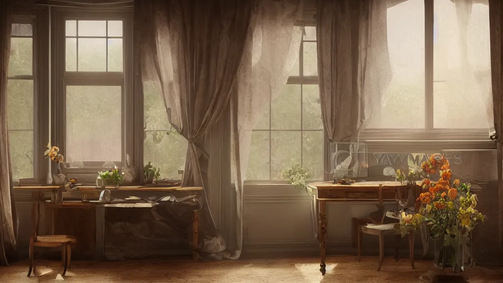 Prompt: an old wooden desk with a flower vase, in a richly decorated Victorian house. the autumn light comes in through a window and dimly illuminates the room, diffuse light, octane render