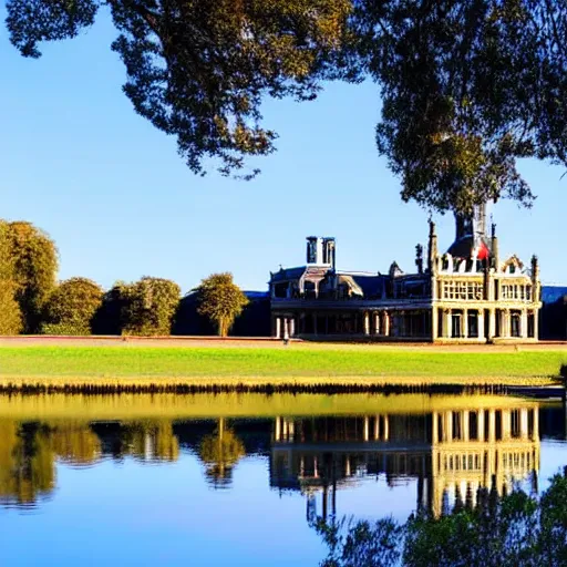 Prompt: photograph of a grand victorian college building in the countryside by a large lake. detailed architecture, realistic, well lit and blue sky.