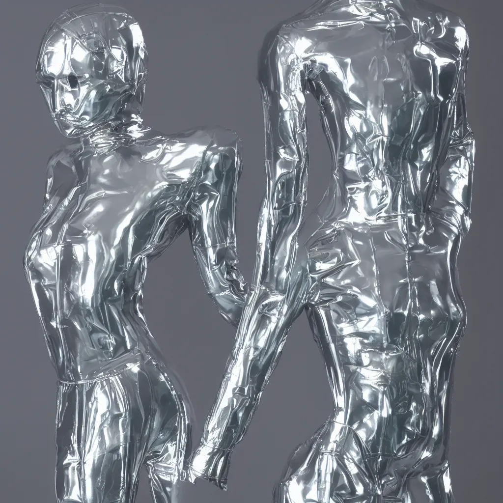 Prompt: a inflatable transparent human, chrome effect metallic
