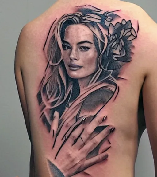 Image similar to tattoo design sketch double exposure of margot robbie with beautiful mountain scenery mash up, in the style of arlo dicristina, surrealist, amazing detail, sharp