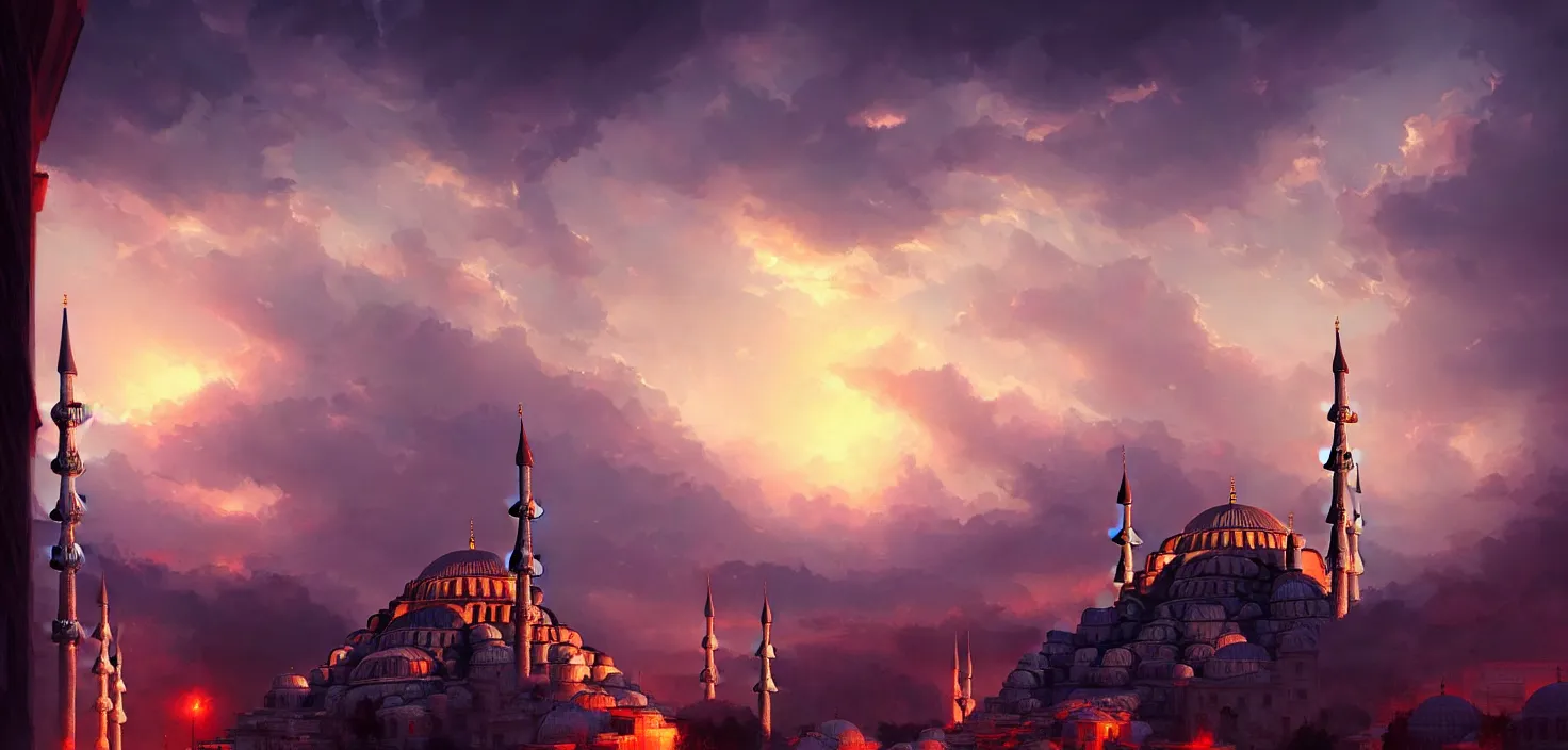 Image similar to istanbul, cinematic view, epic sky, detailed, concept art, low angle, high detail, warm lighting, volumetric, godrays, vivid, beautiful, trending on artstation, by jordan grimmer, huge scene, art greg rutkowski