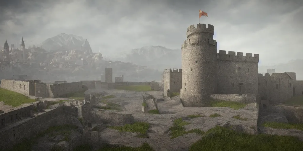 Image similar to medieval castle, high city walls, in the background are far away mountains, stormy weather smoke, fog, trending on artstation, unreal engine 5, octane render, redshift render, 8 k, cinematic