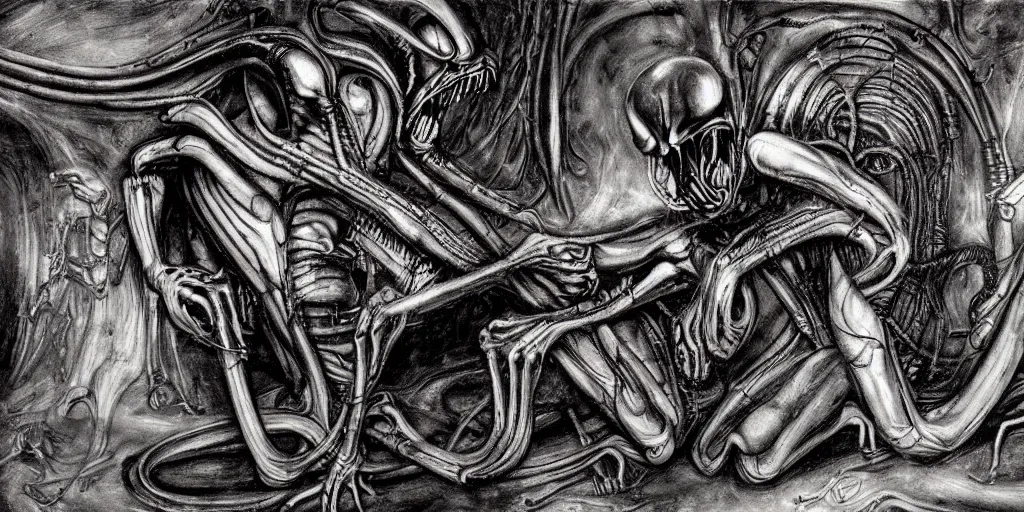 Image similar to alien xenomorph in the style of HR Giger, cave painting, movie scene