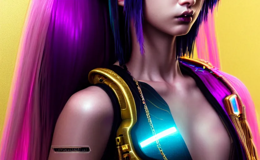 Image similar to hyperdetailed portrait of a stunningly beautiful cyberpunk cutie european girl with short dark hair guard made of iridescent metals and shiny pink gems, bright rainbow nimbus, gold necklace, gold background inspired by ross tran and masamune shirow and kuvshinov, intricate, photorealistic, octane render, rtx, hdr, unreal engine, dnd digital art by artgerm