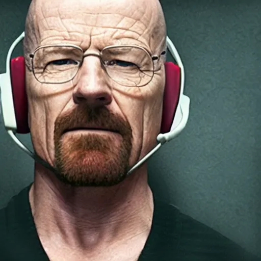 Image similar to close up, cropped award winning photo of walter white wearing pink headphones and shouting, incredibly detailed, sharp focus, hyper realistic