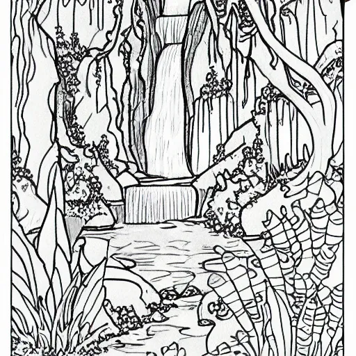 Image similar to an adult coloring page of a waterfall in the enchanted forest, light detail