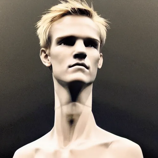 Image similar to a realistic detailed photo of a guy who is an attractive humanoid who is half robot and half humanoid, who is a male android, soccer player martin ødegaard, shiny skin, posing like a statue, blank stare, in a living room, on display