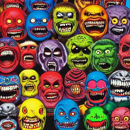 Prompt: 8 0's madballs toys on iron maiden album cover, 8 k resolution hyperdetailed photorealism