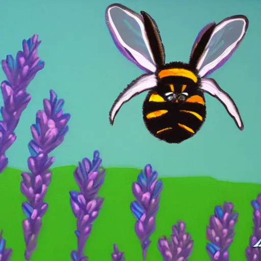 Prompt: popart gauche painting of a bunny - bee hybrid flying around lavender