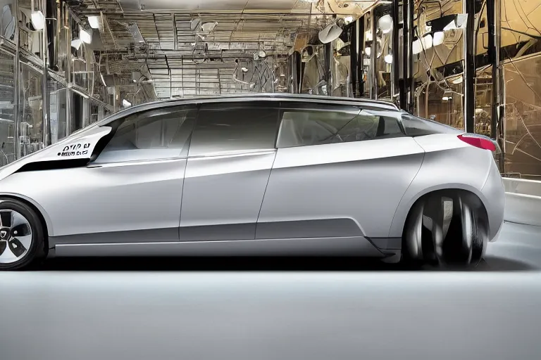 Image similar to a car designed by the technology company Apple Inc., side-front view, studio photo