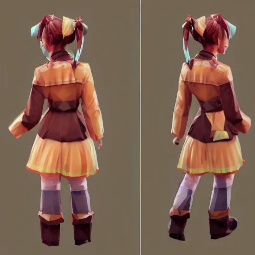 Prompt: ultra low poly modelling, walking left frame, isometric view, 1 6 bit colors, from touhou, a chibi girl, brown jacket with long sleeves, pigtails hair, volumetric lighting, fantasy, 4 k, intricate, hyper realistic, by blizzard, warcraft 3, backlit