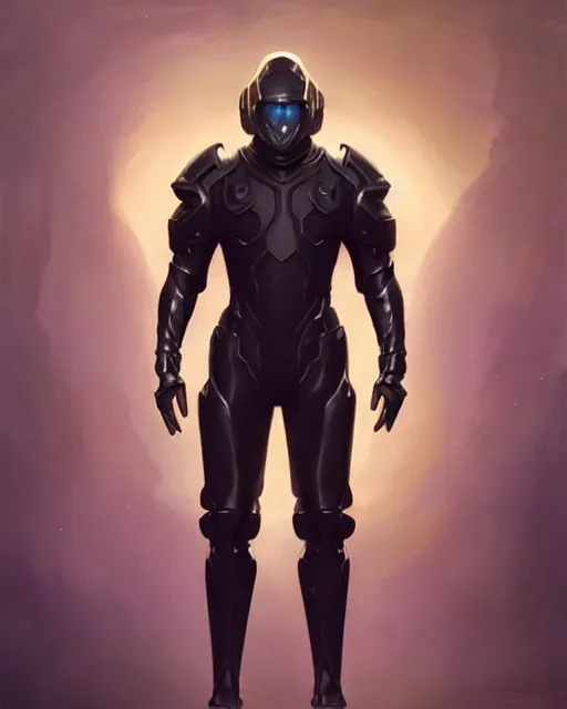 Image similar to toned character concept of iridescent sinewy smooth muscular male sleek glossy indigo black pearlescent scifi armor with continuous smooth black featureless helmet, by greg rutkowski, mark brookes, jim burns, tom bagshaw, magali villeneuve, trending on artstation