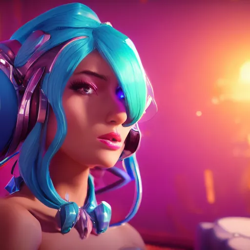 Image similar to still of pretty Sona (League of Legends) in KDA music video. 3d render, octane render, game art, realistic, highly detailed, trending on artstation, 4k, trending on artstation, pixar, cgsociety, unreal engine 5, redshift render, trending on artstation, blender, behance, cg