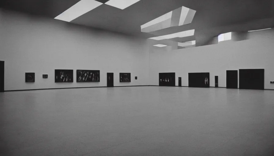 Prompt: 60s movie still of a sovietic stalinist style empty art museum with a soviet congress with yellow wall, ROLLEI SUPERPAN 200, liminal Space style, heavy grain