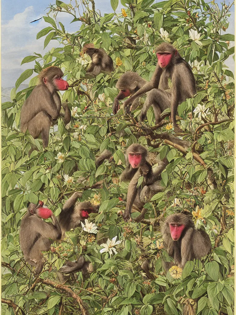 Image similar to mandrill baboon and many flowers and wild thorns in gold, walton ford