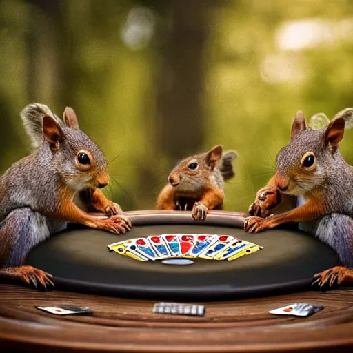 Prompt: still picture of a meeting of squirrels playing poker, dramatic lighting, perfect movie shot, macro