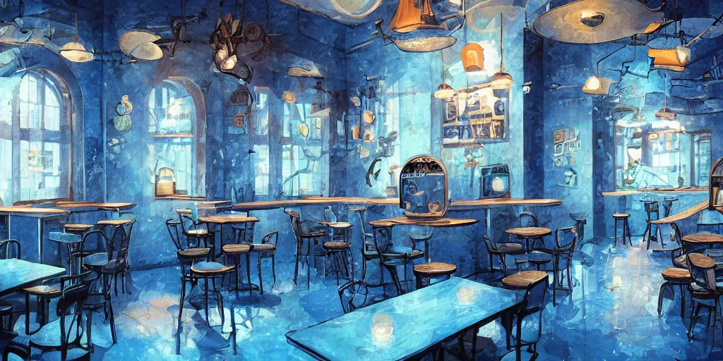 Image similar to cafe interior, blue tones, fantasy art, 2 d game art