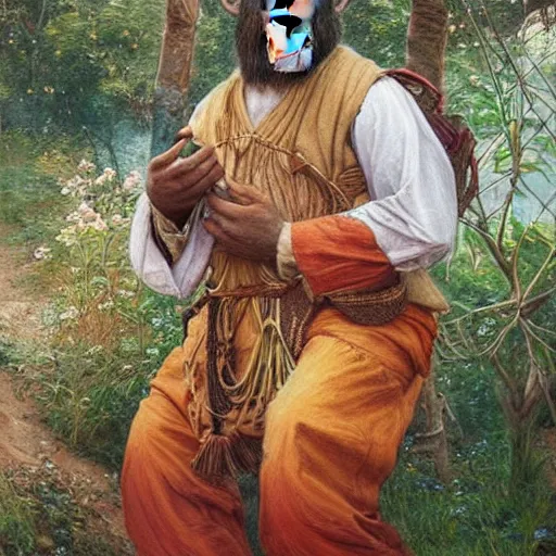 Image similar to beautiful painting by sophie anderson of a chimpanzee wearing traditional men kurdish clothes baggy pants and white shirt with a large sash tied around the waist in a kurdish village, award winning art, insanely detailed, bright colors, global illumination, cute, young, stunning