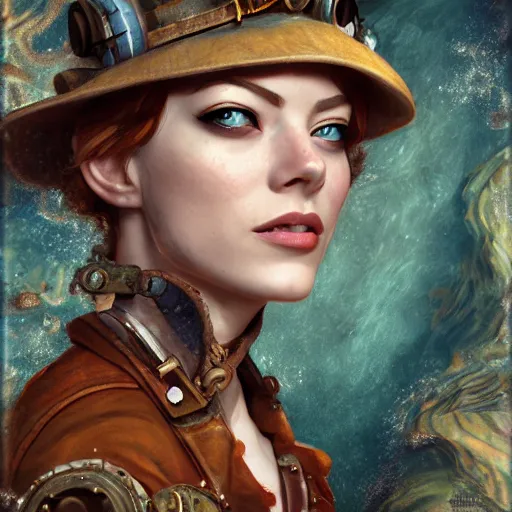 Prompt: underwater steampunk portrait of emma stone, hyper detailed, digital art, trending in artstation, cinematic lighting, studio quality, smooth render, unreal engine 5 rendered, octane rendered, art style by klimt and nixeu and ian sprigger and wlop and krenz cushart.