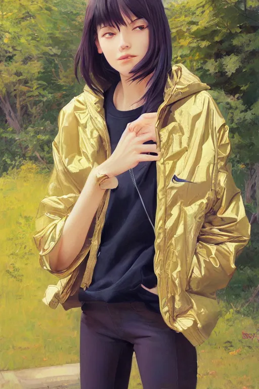 Image similar to A ultradetailed beautiful panting of a stylish girl with her hands in her pockets, she is wearing an oversized Nike jacket, Oil painting, by Ilya Kuvshinov, Greg Rutkowski and Makoto Shinkai