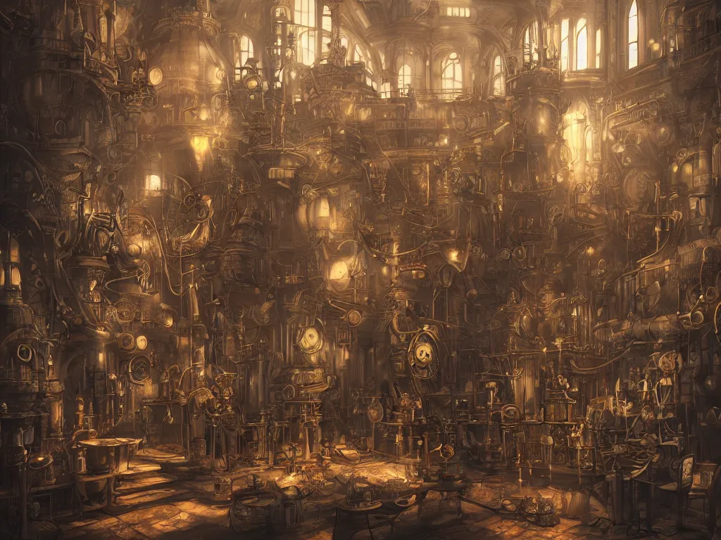 Prompt: large steampunk alchemy lab, beautiful digital art, atmospheric and highly detailed, trending on artstation