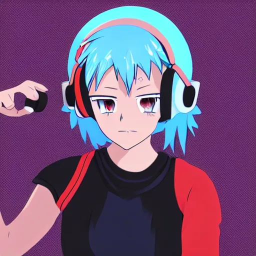 Prompt: Girl with blue hair and red eyes wearing headphones, anime style