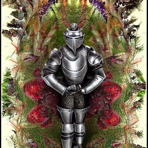 Image similar to a male knight with beard, stern face, clear eyes, shining armour made of steel, and fractal hair, fighting the darkness in a fractal garden, glowing delicate flower, berries and ferns that grow in a dark flowering fantasy forest, full frame,