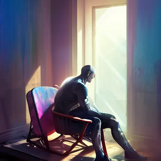 Image similar to half - car - man sitting in a chair in his living room with sunlight pouring in through a window, portrait, fantasy, beautiful face, vivid colors, elegant, concept art, sharp focus, digital art, hyper - realistic, 4 k, unreal engine, highly detailed, hd, dramatic lighting by brom, trending on artstation