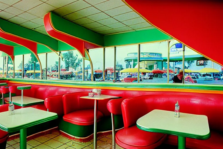 Prompt: 1 9 9 5 googie watermelon themed classic american diner, people sitting at tables, googie architecture, one point perspective, americana, restaurant interior photography