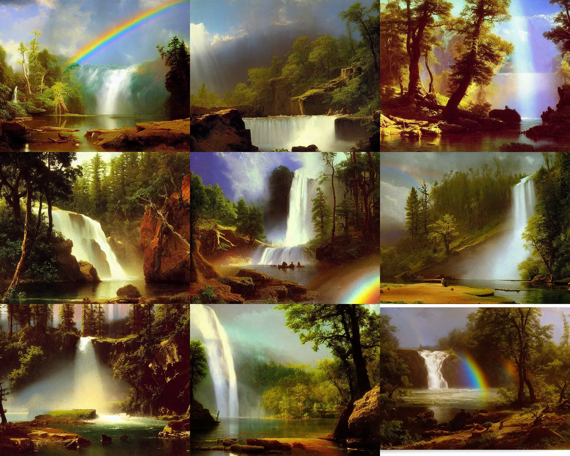 Prompt: waterfalls, wilderness, open sky, rainbow, painting by albert bierstadt