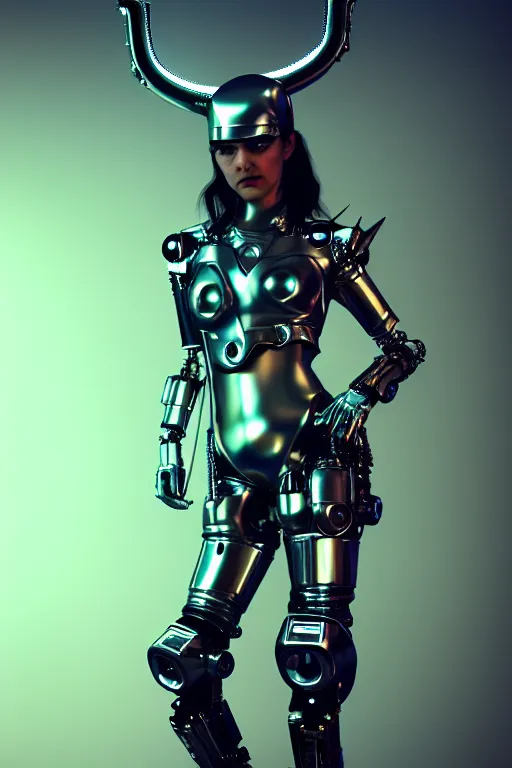 Prompt: edgy powerful female chrome futuristic cyborg with curved metal Loki horns and chrome motorcycle parts, full body, dark fantasy, neon bar lights, 3d render, octane, 8k, volumetric lighting, hyper-realistic,, diffuse lighting, intricate, highly detailed, lifelike, photorealistic, digital painting, trending on artstation, smooth, sharp focus