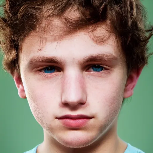 Prompt: portrait of a boy, around 22 yo with natural brown hair and green eyes. Smooth, pale skin and a net tanktop. Blue sky background.