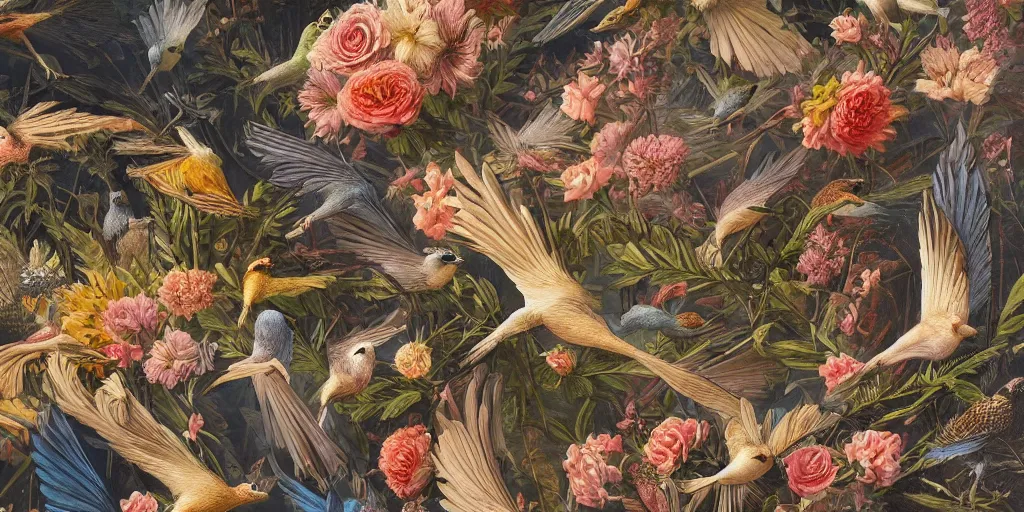 Image similar to breathtaking detailed concept art painting art deco pattern of birds amalmation blend of flowers and birds, by john james audubon, bizarre compositions, exquisite detail, extremely moody lighting, 8 k