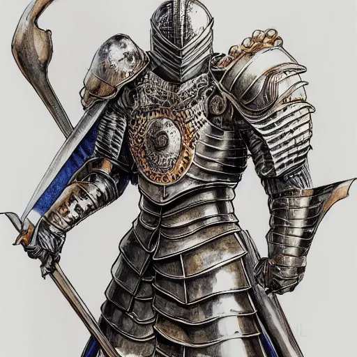 Image similar to A majestic knight in shiny armor, basic white background, symmetrical, watercolor, pen and ink, intricate line drawings, by Yoshitaka Amano, Ruan Jia, Kentaro Miura, Artgerm, detailed, trending on artstation, hd, masterpiece,