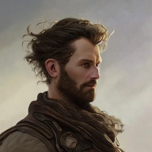 Image similar to portrait of a young, ruggedly handsome ranger, soft hair, muscular, half body, leather, fantasy, intricate, elegant, highly detailed, digital painting, artstation, concept art, smooth, sharp focus, illustration, art by artgerm and greg rutkowski and alphonse mucha