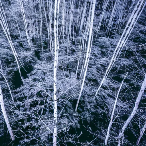 Image similar to Looking down at the forest floor, covered in fallen leaves, An indigo forest in Japan, dark, midnight, ghostly white trees