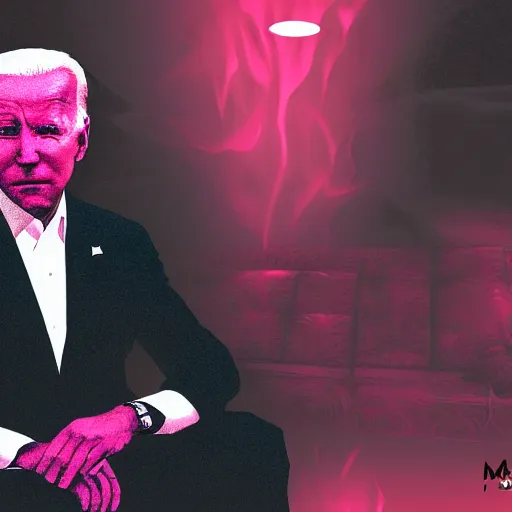 Image similar to joe biden sitting on a dark throne with red glowing eyes in vaporwave style by mad dog jones