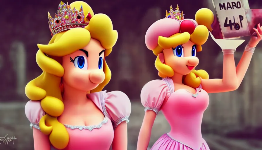 Image similar to princess peach from mario, symmetrical, cinematic, real photography, 4 k, ultra hd