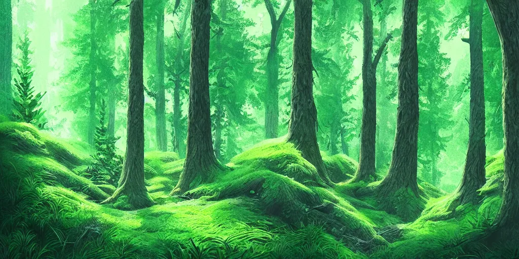 Image similar to “Ultra realistic illustration, lush green cedar forest glade, highly detailed, digital painting, artstation, concept art, smooth, sharp focus, illustration”