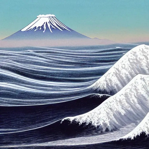 Prompt: Giant Wave with mount fuji in the background,wave larger than the mountain, highly detailed