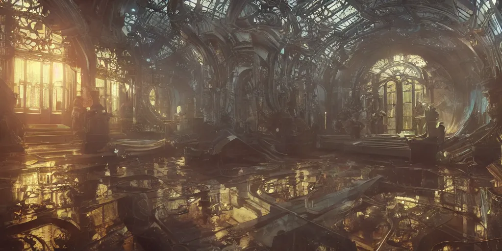 Image similar to octane render, ultra photorealistic, hyper detailed, unreal engine, aisles of amber liquid hyperbaric chambers preserving human bodies, breathtaking sci - fi gothic victorian greenhouse terrarium artwork by james cameron, greg rutkowski, alphonse mucha, james gurney inspired by blade runner 2 0 4 9