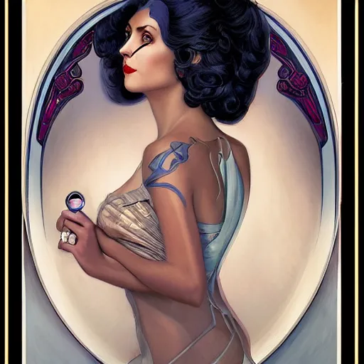 Image similar to an art nouveau, ( streamline moderne ), multi - ethnic and multi - racial portrait in the style of charlie bowater and donato giancola and charles dulac. very large, clear, expressive, and intelligent eyes. symmetrical, centered, ultrasharp focus, dramatic lighting, photorealistic digital matte painting, intricate ultra detailed background.